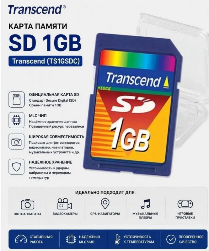 Карта памяти SD Transcend 1GB TS1GSDC для фототехники и медиа